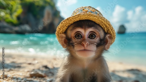 Adorable young monkey in a straw hat photo