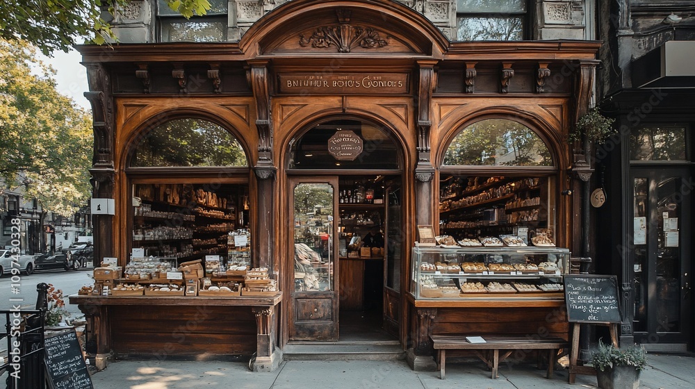 Fototapeta premium Charming wooden storefront filled with baked goods and treats.