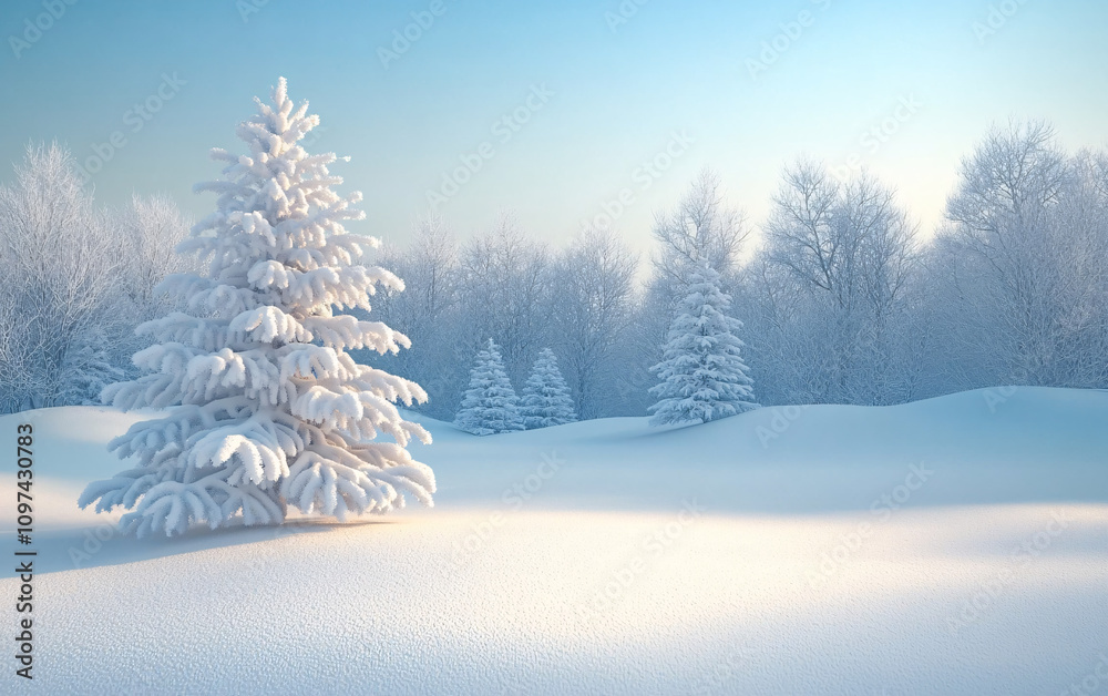 Fototapeta premium A tranquil winter landscape showcasing snow-covered evergreen trees in a serene snowy field, perfect for Christmas, winter decor, or seasonal promotions.