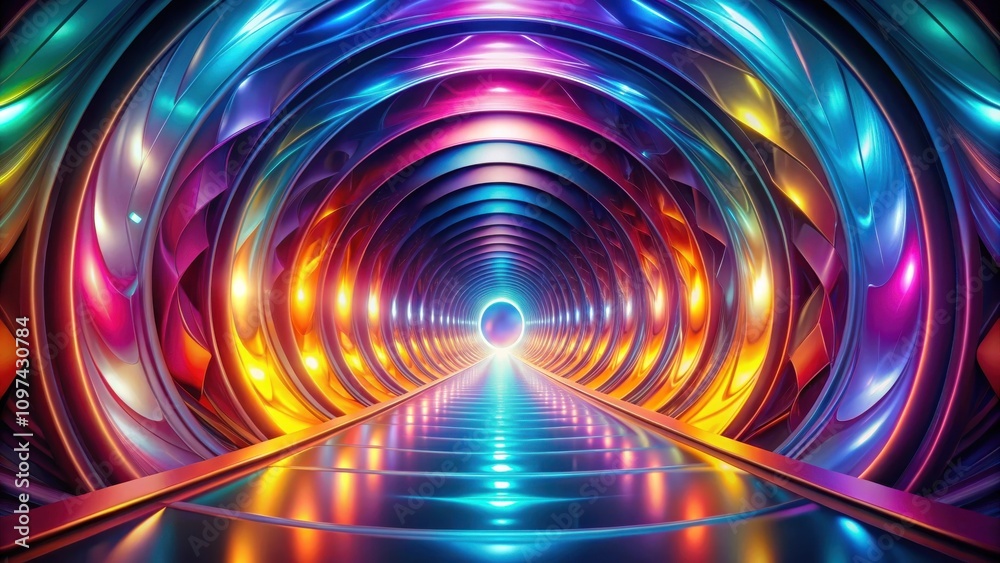 A vibrant, swirling tunnel of iridescent colors and luminous lights creates a futuristic, otherworldly passageway.
