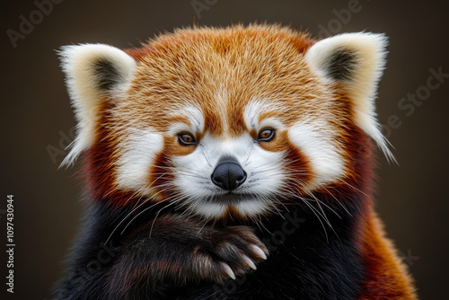 A cute red panda with big eyes, paws on chest pose, symmetrical portrait photography, studio lighting, high-resolution photography, hyper-realistic, very detailed face and fur details, close-up.