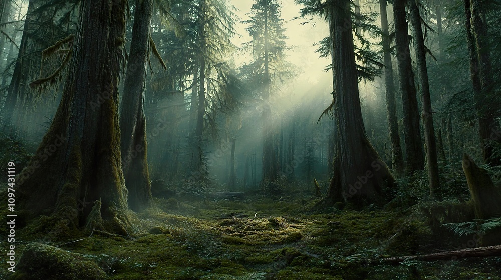 Fototapeta premium Sunbeams pierce a misty, moss-covered forest.