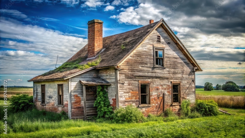A weathered farmhouse, reclaimed by nature, stands solitary under a dramatic sky, its aged wood and brick a testament to time's relentless passage. A weathered farmhouse, reclaimed by nature, stands solitary under a dramatic sky, its aged wood and brick a testament to time's relentless passage.