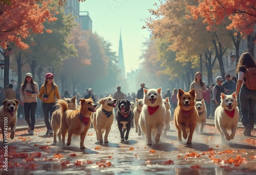 Puppy Parade in the Park. National Mutt Day. Illustration art.