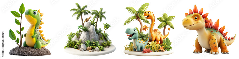 Obraz premium dinosaur on Transparent Background concept. Colorful dinosaur figurines in a playful setting, featuring various species and lush greenery.