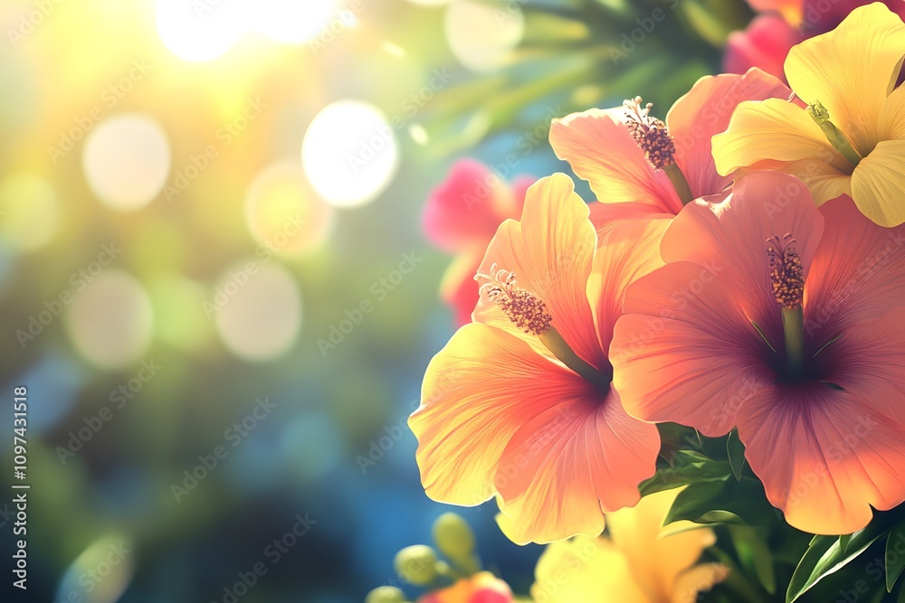 A vibrant display of hibiscus flowers in soft sunlight, evoking a tropical atmosphere. A vibrant display of hibiscus flowers in soft sunlight, evoking a tropical atmosphere.