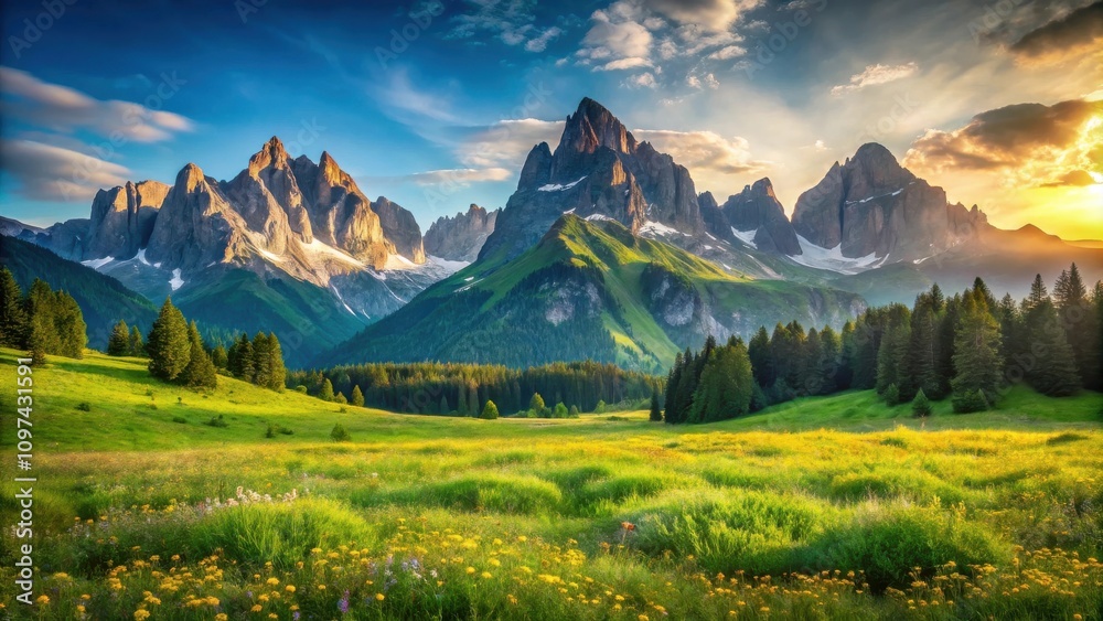Fototapeta premium Majestic Mountain Range at Sunset, a Serene Meadow with Wildflowers