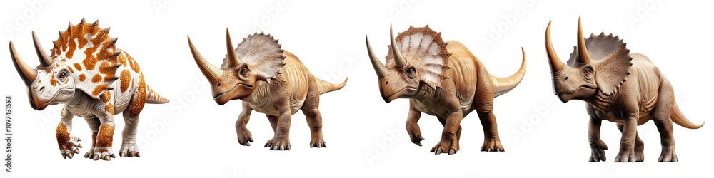 dinosaur on Transparent Background concept. Four distinct dinosaur models featuring various horn formations and body patterns, showcasing detailed textures and natural coloration. dinosaur on Transparent Background concept. Four distinct dinosaur models featuring various horn formations and body patterns, showcasing detailed textures and natural coloration.