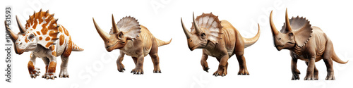 dinosaur on Transparent Background concept. Four distinct dinosaur models featuring various horn formations and body patterns, showcasing detailed textures and natural coloration.