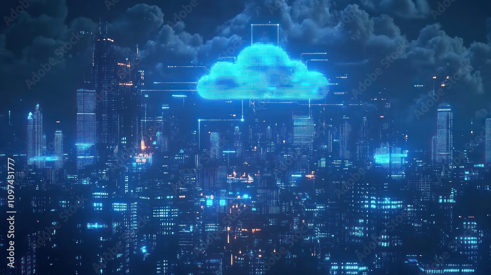 Obraz premium Futuristic cityscape with a glowing cloud symbolizing data storage.