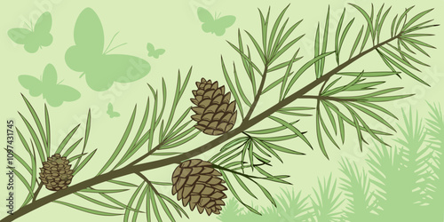 Macro floral background. Macro green pine tree needles background vector . Pine cone and green pine needles. Beautiful macro wallpaper. Soft focus abstract nature pattern.
