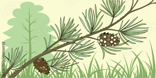 Macro floral background. Macro green pine tree needles background vector . Pine cone and green pine needles. Beautiful macro wallpaper. Soft focus abstract nature pattern.
