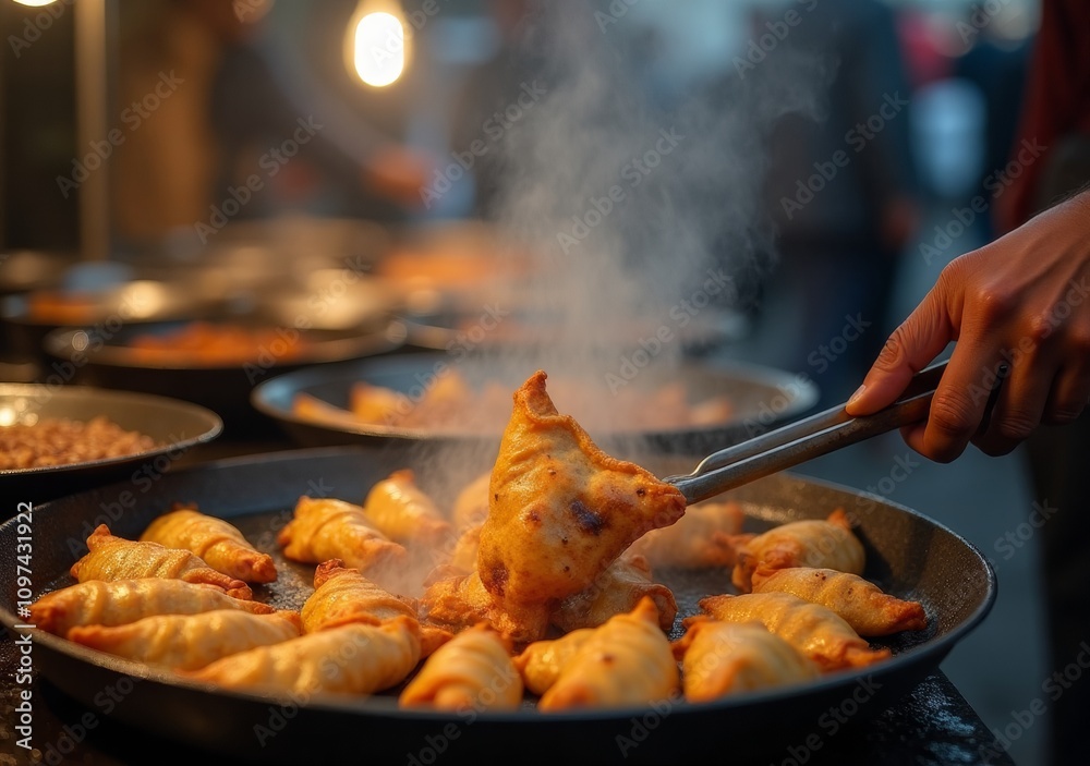 Delicious street vendor cooking fresh samosas at a bustling evening market Delicious street vendor cooking fresh samosas at a bustling evening market