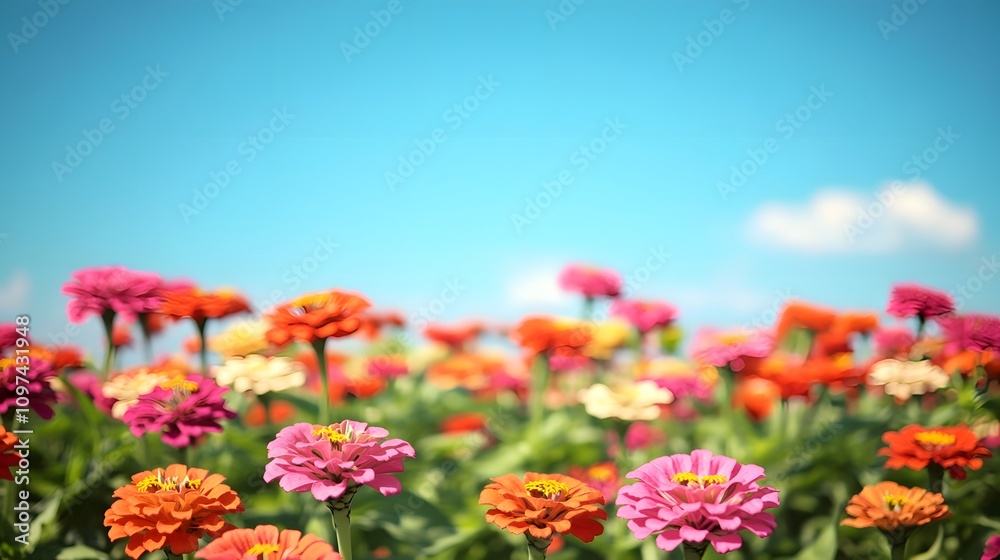 A vibrant field of colorful flowers under a clear blue sky. A vibrant field of colorful flowers under a clear blue sky.