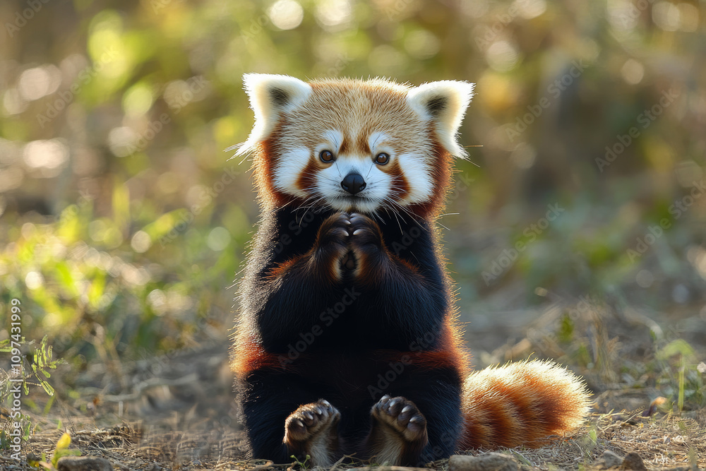 Fototapeta premium Close-up of a red panda sitting with front paws crossed in a relaxed, contented pose, looking directly at the camera with a slight smile, isolated with blurry forest background.