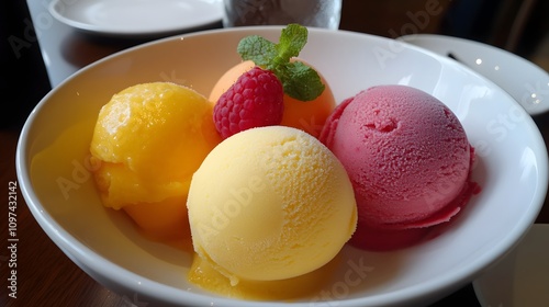 61. A bowl of fruity sorbet trio in mango, raspberry, and lemon flavors photo