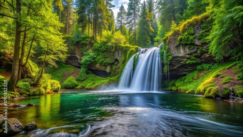 Scenic view of Shallie Falls on the McKenzie River in a lush forest setting, waterfall, river, nature, Oregon