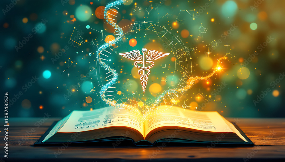 Obraz premium An open book surrounded by glowing DNA strands, a golden caduceus symbol, and flowers in a vase, representing the harmony of medicine, science, and nature.