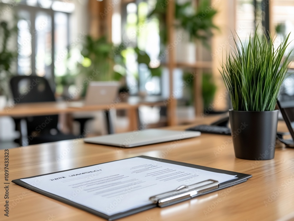 Close-up of a clipboard with a document on a desk in a modern office. Close-up of a clipboard with a document on a desk in a modern office.