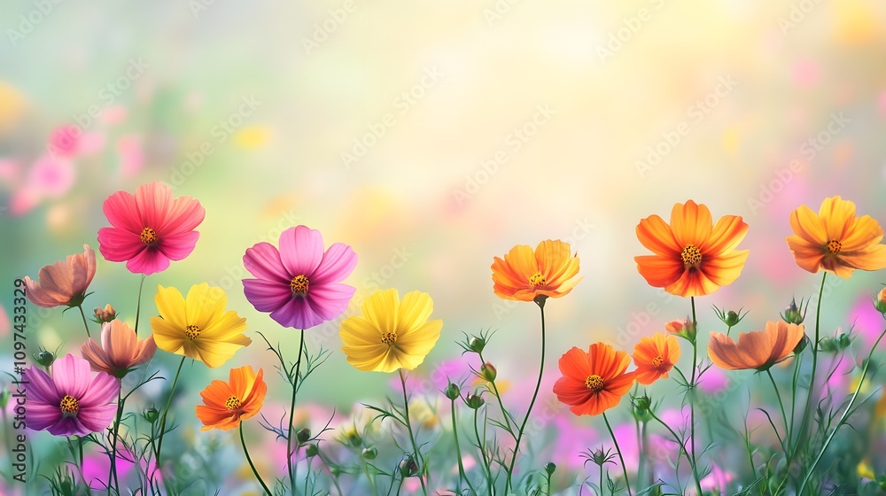 A vibrant field of colorful flowers under a soft, dreamy background.