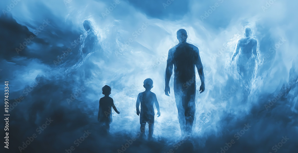 Obraz premium Ethereal glowing soul hovering before floating parent profiles in a celestial nursery with twinkling starlight and cosmic energy tendrils swirling through space