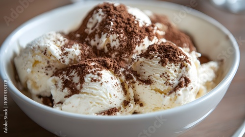 31. A close-up of a bowl of tiramisu ice cream with cocoa powder and ladyfinger crumbs