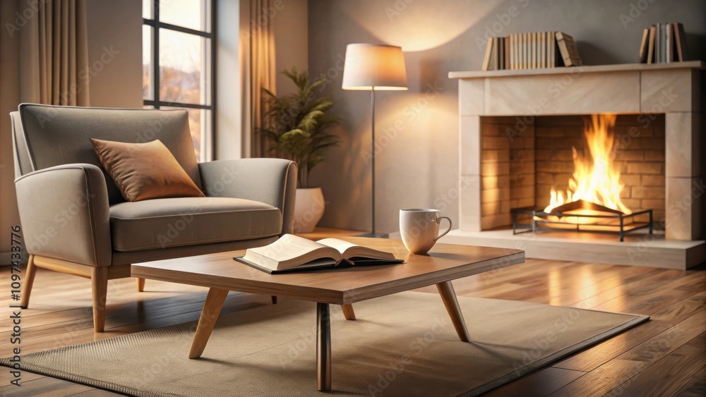 Fototapeta premium Cozy living room interior with a warm fireplace, comfortable armchair, and a book on a coffee table