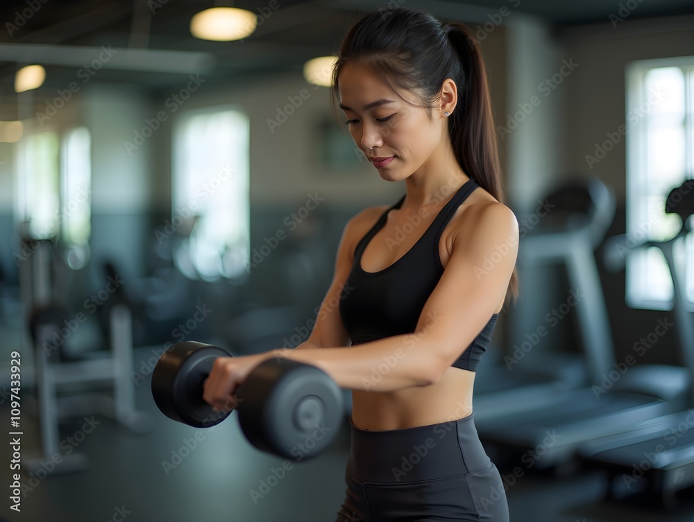 Fitness young asian woman lifting dumbbell in the gym. Morning exercise, Slim young beautiful girl warming up with weights in health club. Fitness young asian woman lifting dumbbell in the gym. Morning exercise, Slim young beautiful girl warming up with weights in health club.