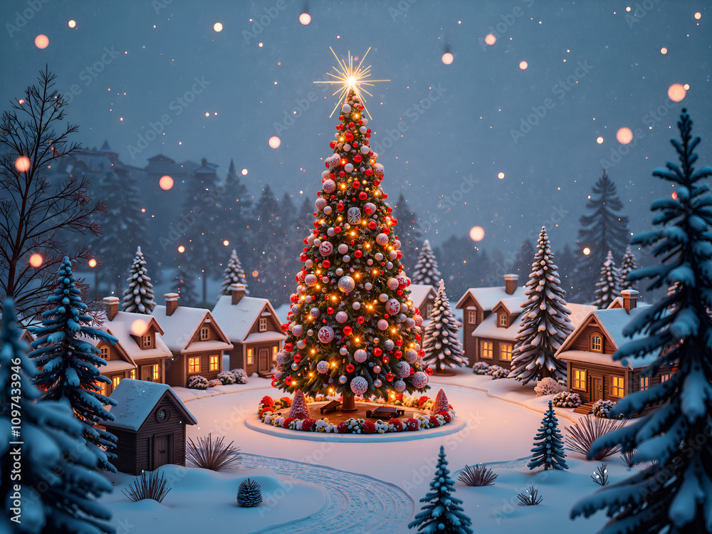 Obraz premium Charming snowy village with festive christmas tree and twinkling lights at night, digital art of fantasy landscape concept.