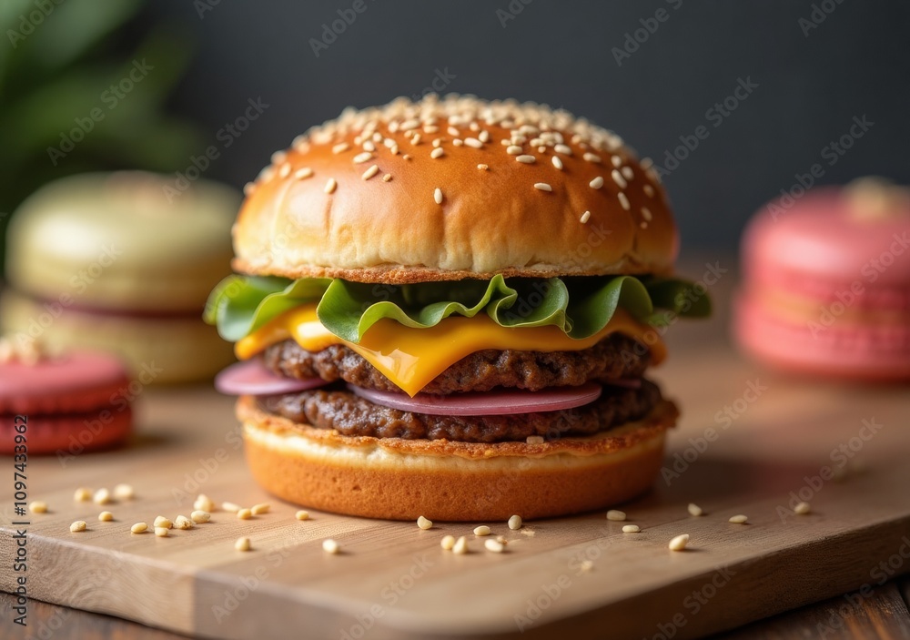 Mouthwatering double cheeseburger with sesame bun and fresh toppings on a wooden board Mouthwatering double cheeseburger with sesame bun and fresh toppings on a wooden board