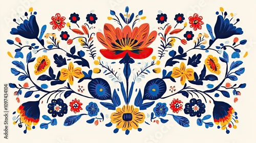 Colorful Floral Pattern with Blue, Yellow, Red, and Orange Flowers