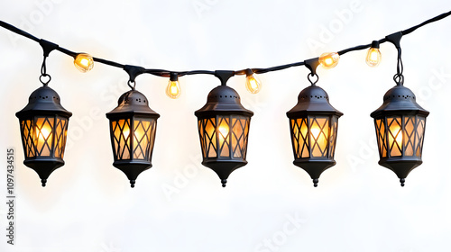 String of black lanterns with a warm, inviting glow against a minimalist white backdrop.