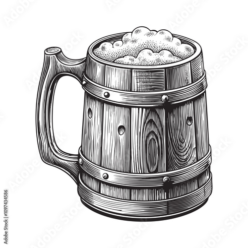 vintage wooden mug with foam sketch drawing hand drawn vector illustration