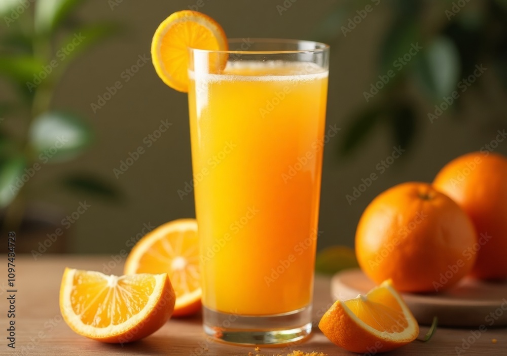 Freshly squeezed orange juice served with vibrant oranges on a wooden table Freshly squeezed orange juice served with vibrant oranges on a wooden table