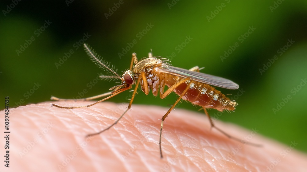 Close-up of a mosquito on human skin.