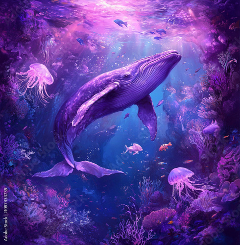 a lot of underwater creatures, a colorful underwater world, Swim in the purple lavender sea with blue whales, dreamy coral reefs, tropical fish, jellyfish, dreamy, purple tones photo