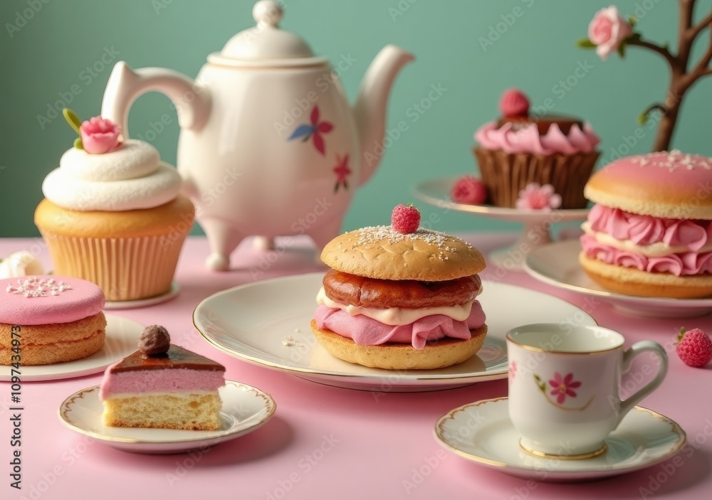 Delightful assortment of pastel desserts on a pink table Delightful assortment of pastel desserts on a pink table