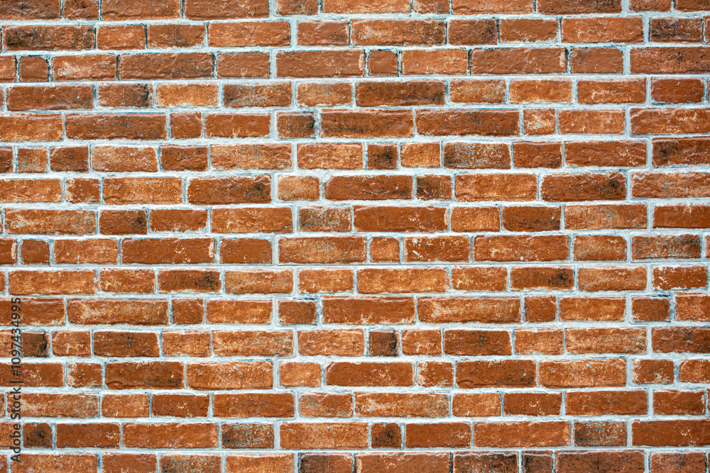 Fototapeta premium old brick wall backdrop with weathered texture, rich tones, and a rustic feel, featuring a variety of brick colors, some bricks chipped and faded