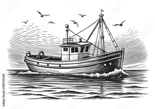 Small fishing boat in sea sketch drawing hand drawn vector illustration
