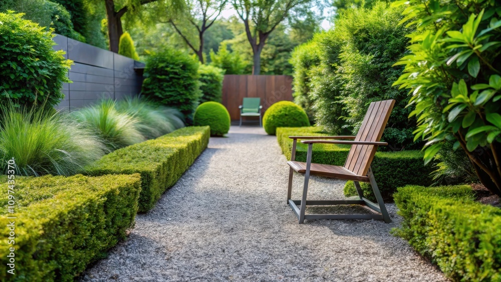 Obraz premium Serene Garden Path with a Wooden Chair and Lush Greenery
