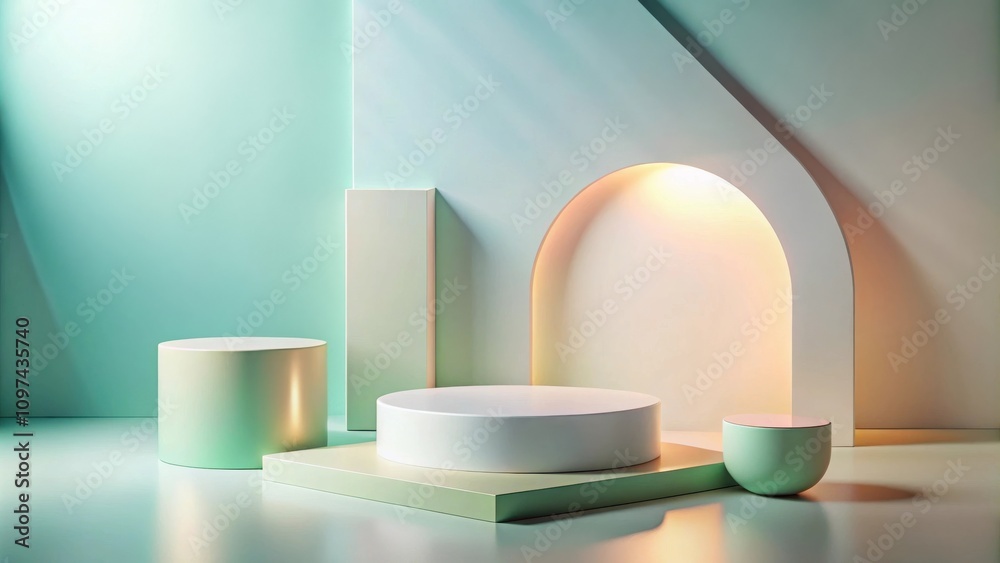 Pastel Green and White Minimalist Product Display Scene with Subtle Lighting