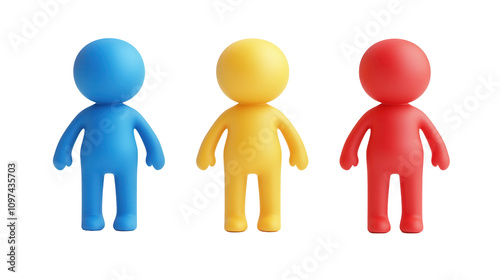 Colorful action figures in blue, yellow, and red, isolated on a white background, transparent background.