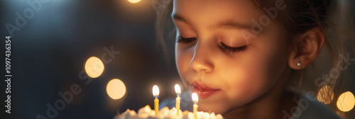 A young girl with closed eyes blows out the candles on her birthday cake, making a wish in the gentle glow of the flickering lights around. photo