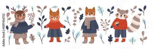 Deer, fox, squirrel, raccoon in warm clothes, coats, scarves collection. Winter forest woodland set: leaves, branches, animal chatacters. Vector flat illustration for cards, scrapbooking, animation. photo