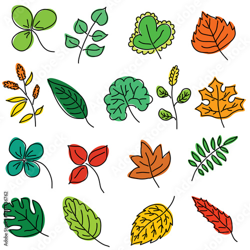 cartoon leaves and plants of various colors, oak, palm, clover, four-leaf clover, clover, birch, maple, budra and other plants of autumn and summer type set photo