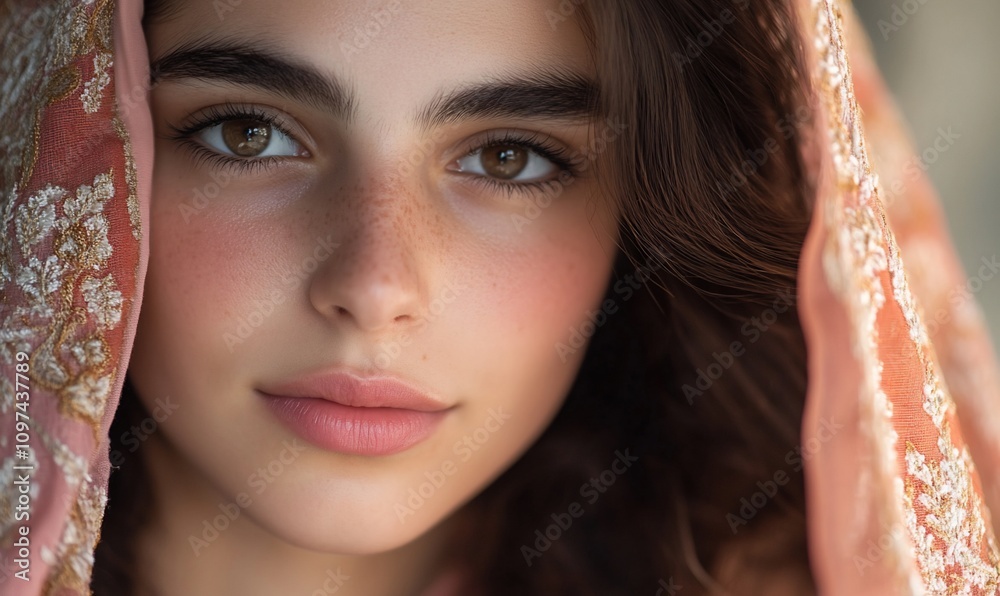 Close-up portrait of a young woman with freckles, wearing a sheer scarf. Close-up portrait of a young woman with freckles, wearing a sheer scarf.
