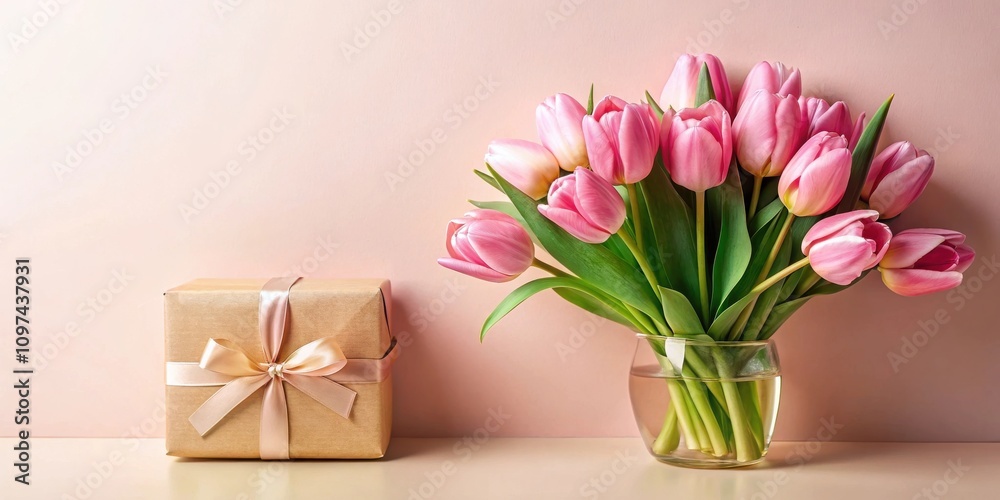 A delicate pink tulip bouquet in a clear glass vase sits beside a gift wrapped in kraft paper with a blush ribbon; a perfect present A delicate pink tulip bouquet in a clear glass vase sits beside a gift wrapped in kraft paper with a blush ribbon; a perfect present