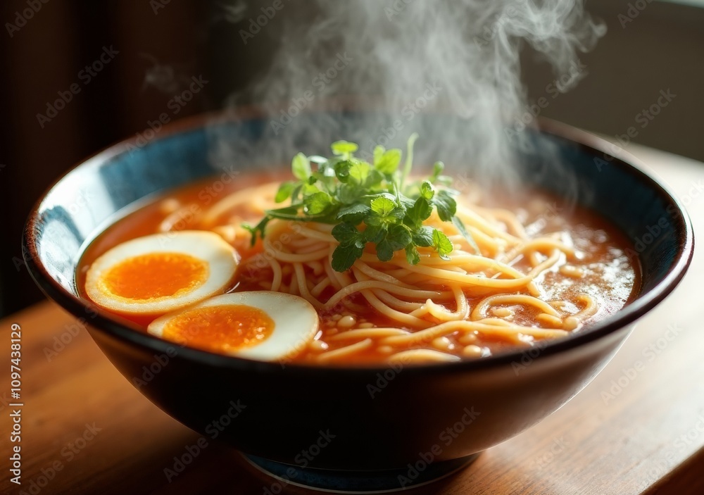 Steaming bowl of noodles garnished with fresh herbs and boiled eggs Steaming bowl of noodles garnished with fresh herbs and boiled eggs