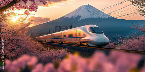 a future shinkansen bullet train running, fuji mountain in the back ground and sakura in foreground.