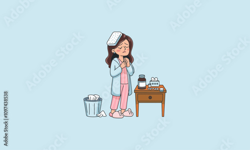 Sick woman in pajamas with medicine and tissues nearby.